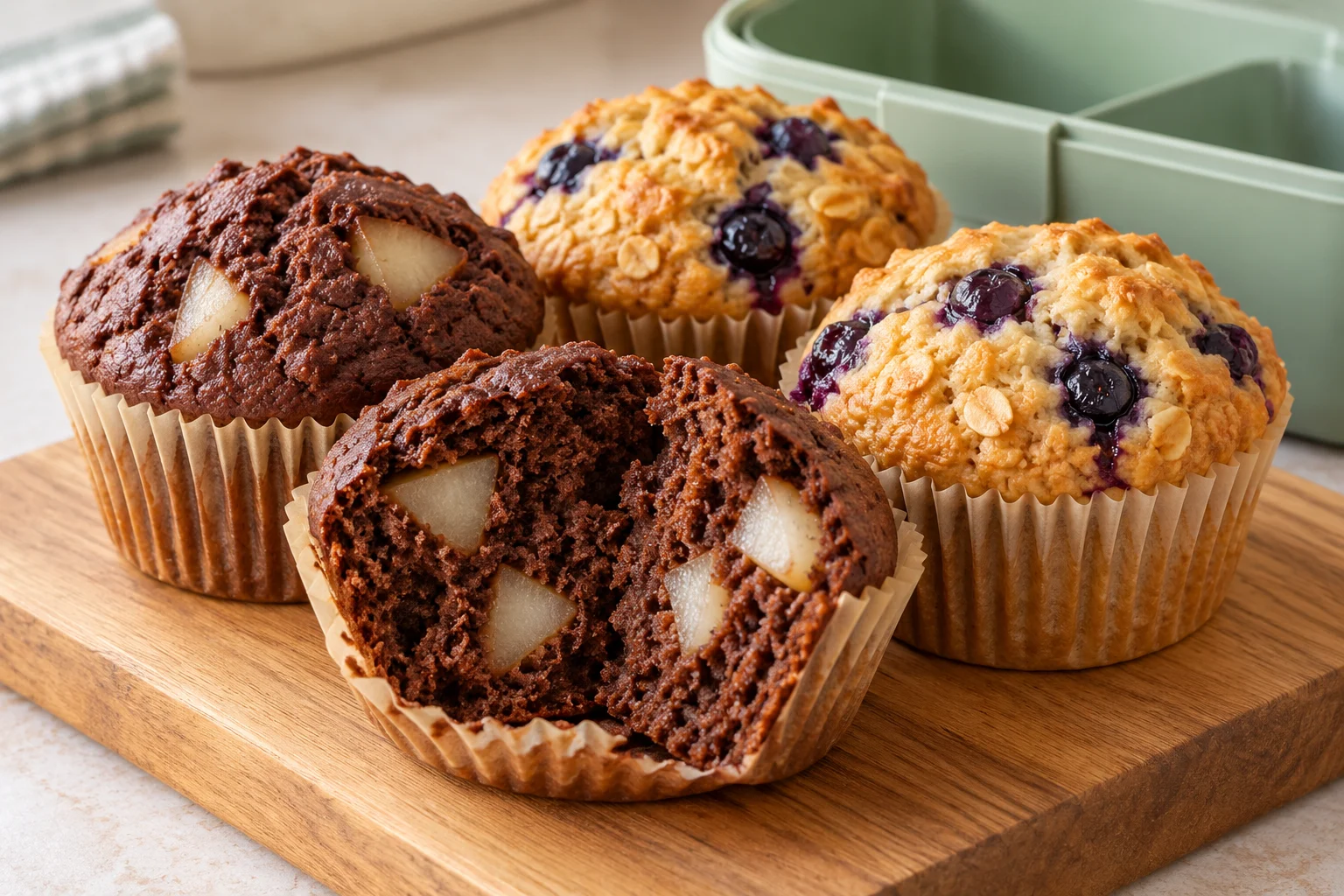 Muffiny kakaowe z gruszką i owsiane z borówkami obok śniadaniówki
